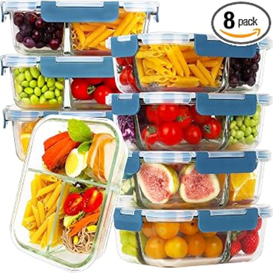 HOMBERKING 8 Pack Glass Meal Prep Containers 3 Compartment